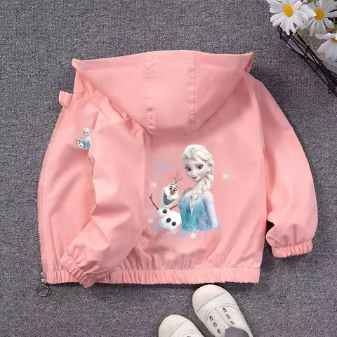 Fashion Girls Jacket Spring Aututmn Cartoon Anna Elsa Zipper Hooded Windbreaker Coat For 2-7 Years K