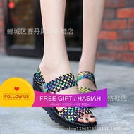 Chmmlarge รองเท้าส้นสูงสำหรับผู้หญิง,ทอด้วยมือฉบับภาษาเกาหลีฤดูร้อนพร้อมพื้นรองเท้าหนารองเท้ายกเค้กฟองน้ำรองเท้าส้นลาดรองเท้าสตรีลำลองรองเท้าผู้หญิง Fujian