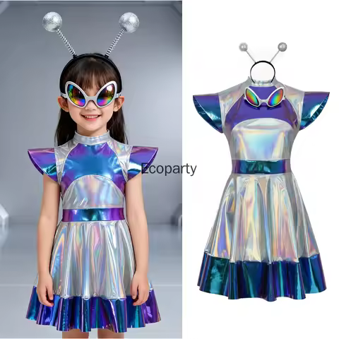 Girls Halloween Alien Costume Kids Shiny Metallic AI Intelligent Robot Cosplay Dress with Headband C