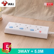 Bull Extension Power Socket Extension Cord 【3 Way 5M 】Extension Cord Socket 2-PIN Euro Plug Friendly 5 Years Warranty With Safety Signs Independent Switch Control To Ensure Safe Home/Office Electricity Use