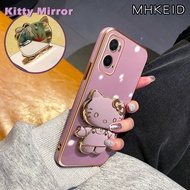 MHKEID Casing Ponsel untuk OPPO A36 A76 A96 A18 A38 A2x A98 5G A57 A77 2022 A57s A57e A58 A58x A78 A1X 5G Case Clever Hello Kitty mirror HP ponsel berdiri desain baru Plating lipat Kesing ponsel penuh penutup lensa kamera pelindung Casing