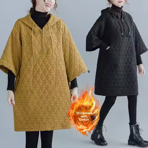 Warm Cotton Jaet Women's Mid-Length plus Size Faionable Slimming Dr with Hood Cotton Filled Thiened 