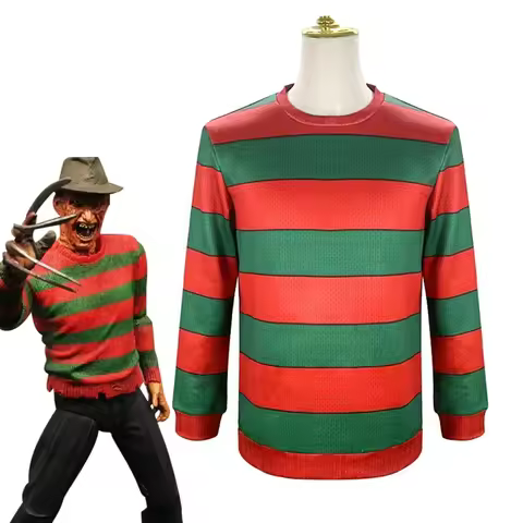 Movie Freddy Krueger Cosplay Costume Clothes Freddy T-shirt Adult Red Green Striped Horro Top Suit H