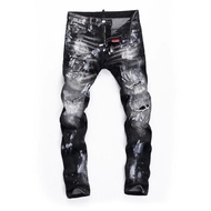 High-End Ripped Jeans Men Street Wear Retro Distressed Splashed Ink Paint Dots Second-Time American 