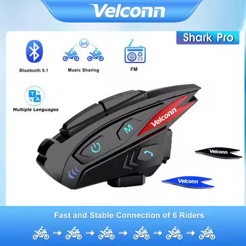 1/2pcs Velconn Shark Pro Music Sharing Motorcycle Helmet Bluetooth Headset 6 Rider Group 2000M Full 