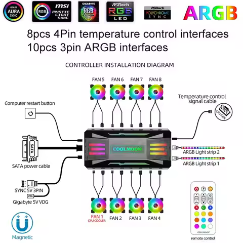 COOLMOON 1To8 5V 3Pin ARGB 4Pin Fan PWM HUB Music Rhythm Temperature Control for Aura Sync Computer 