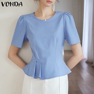 VONDA เสื้อพลีทแขนสั้นเสื้อยืดคอกลมหรูหราสำหรับผู้หญิงเสื้อเสื้อสตรีเอวสีทึบใส่ในที่ทำงาน (ลำลองเกาหลี)