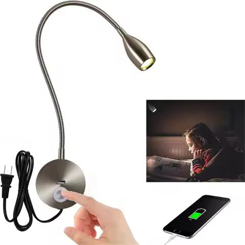 Tokili Gooseneck Reading Light w/ USB & Touch Dimmer - Wall Mounted Bedhead Sconce Lamp, Adjustable 