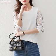Eshion 2023 New Style Embroidered Three-Quarter Sleeve T-Shirt Women White Loose Top Covering Flesh Slimmer Look Lace Chiffon Shirt Design Top Casual Lace Shirt Women Korean Girl T-Shirt