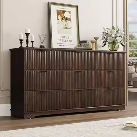 Fluted 9 Drawers Dresser for Bedroom, 63" Wood Dresser with Power Outlet and Deep Drawers, Wide Ches