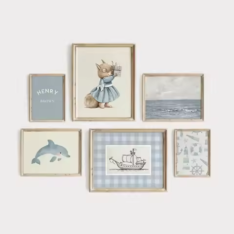 Rustic Nature Animal Wall Art Poster Set of 6 Personalized Nursery and Kids' Room Decor Custom Name 