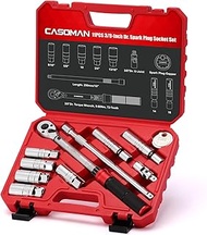 CASOMAN 11 Pieces 3/8-Inch Drive Spark Plug Socket Set, 6 & 12-Point, Include 5-60 Nm Click Torque W