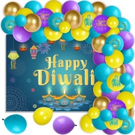 JOYMEMO Diwali Themed Party Decorations, Happy Diwali Festival Backdrop with Lanterns&amp; Candles Patterns and Blue Gold Purple Balloon Arch Kit for Adults India Diwali Party Supplies
