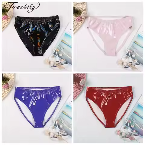 Woman Latex Underpants Underwear Lingerie Wetlook Patent Leather Briefs Low Raise Elastic Waistband 