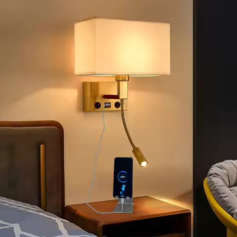 E27 Fabric Lampshade Switch LED Wall Light USB Charging Port Study Bedroom Reading Wall Light Home H