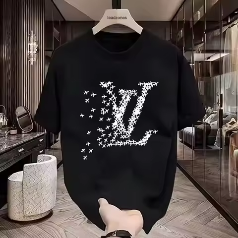 Men's LV Style Airplane Print T-Shirt Black White Contrast Short Sleeve Tee Breathable Cotton Street