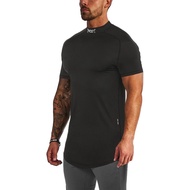 Short Sleeve T-Shirt Fashion Compression Breathable Close Gyms Singlet Cotton Bodybuilding Men Fiess High Collar Tshirt
