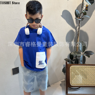 TUSHIT Store "2024 Kids' Cartoon Blue Cotton T-shirt in Malaysia - Short-sleeved Trendy Foreign Style Top"