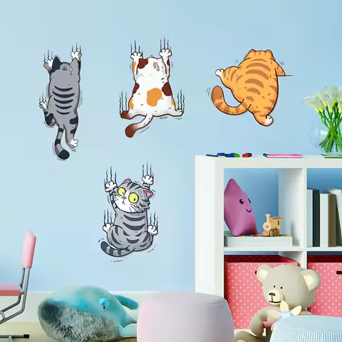 Funny Climbing Cats Wall Decal, 4 Cute Cartoon Cats Scratching Wall Removable Kids Room Sticker