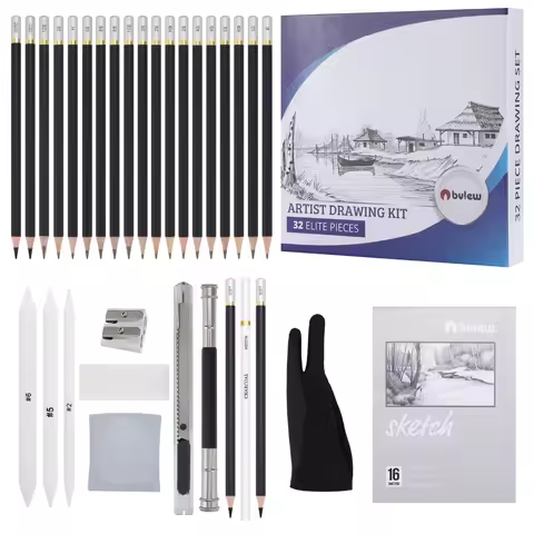 Bview Art Professional 32-pc Artist Drawing Set: 17 Graphite Pencils, 5 Charcoals, Blending Stumps &