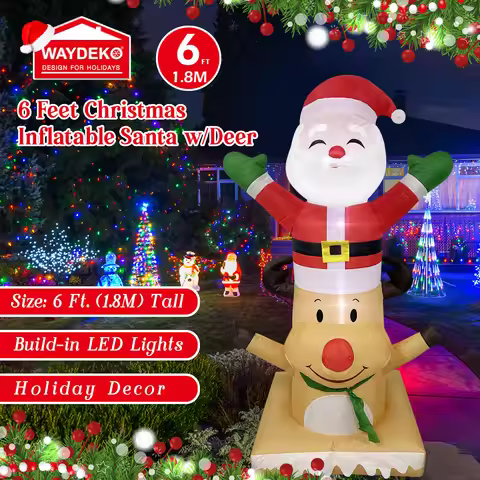 Christmas Inflatable Santa w/ Deer Lighted Blow Up Outdoor Yard Lawn Chimney Decoration for Home Gar