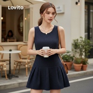 (trendy3)Lovito Elegant Dress Zipper Pleated Spring/summer Navy Blue Dress for Women L154LD023 Lovit
