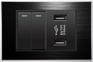 工業風 黑鋁拉絲面板 可雙控 雙切電源開關+USB插座X2面板,牆壁電源插座+USB充電插座,Power Switch