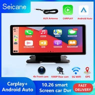 Seicane 4K 10.26 นิ้วรถ Carplay Dash Cam DVR Android Auto WiFi FM กล้องมองหลังสนับสนุนเลนส์คู่ H.265 1080P ในตัว Carplay และ Android Auto รองรับการเล่นโทรศัพท์มือถือ 24H Park