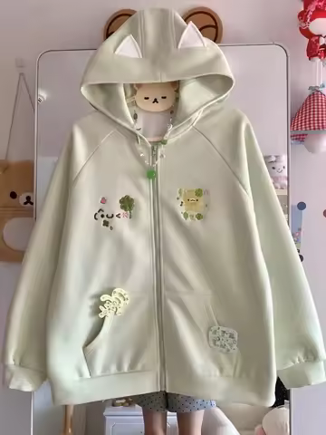 Four-leaf Clover Kitten Embroidery Light Green Autumn and Winter Fleece Hooded Sweatshirt for Women 