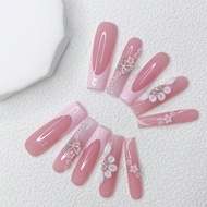 10Pcs Extra Long Nails Y2K Pink French Style & Full Of Sparkling Rhinestones And 3D Hand Drawn Flowe
