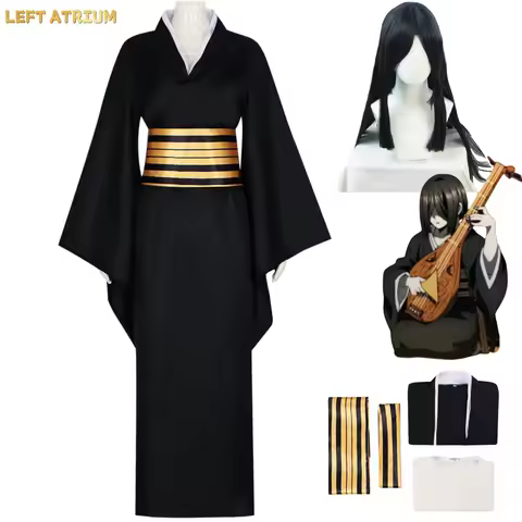 Anime Nakime Cosplay Costume Infinity Castle Pipa Girl Wig Japanese Black Kimono Dress Bathrobe Wig 
