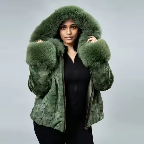 Woman's Section Mink Fur Jacket With Fox Collar Cuffs Hooede Fur Jacket Real Fur Zippered Jacket Hig