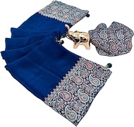 Soft Silk Ajrakh Saree Ikkat Nakshi Bandhej Digital Print Designer Pallu Attach Blouse Piece (Blue)