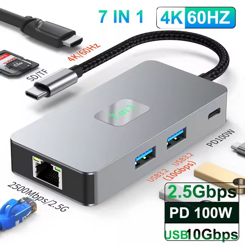 Gigabit 2.5G LAN Hub USB-C Docking Station Type-c to USB 3.2 4K60 HZ RJ45 Ethernet Splitter SD/TF Ca