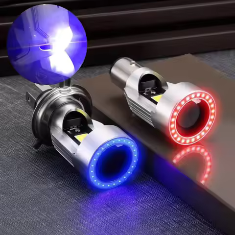 LED Motorcycle 30W With Fans H4 BA20D Blue/Red Angel Eye Headlight Scooter Motorbike Headlamp Light 