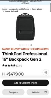 Lenovo 16" gen 2 professional Thinkpad laptop backpack 背包 雙肩包