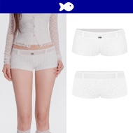 DKMV women's protective Shorts with floral lace and fish logo on the back, white see-through pants D