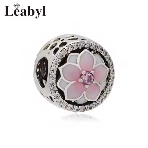 Leabyl Trendy Pink Enamel Cherry Flower Charms & Beads for DIY Bracelets & Bangles Jewelry Accessori