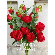 Red velvet rose branch with 3 large flowers, 2 large buds, many small buds, very beautiful decoratio