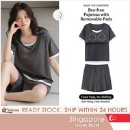 [SG SELLER] Padded Women Pyjamas Set Modal Cotton Summer Thin Short Sleeve Solid Color Sleepwear