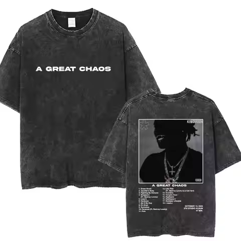 Washed Vintage Rapper Ken Carson A Great Chaos Album Tshirt Men Women Fashion Hip Hop T-shirts Male 