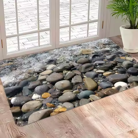 3D River Rock Doormat - Realistic Pebble and Water Design for a Nature-Inspired Home Entrance, Creat