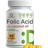 DEAL SUPPLEMENT Folic Acid 1000 mcg (1 mg), 500 Coconut Oil Softgels | Bioavailable Prenatal Vitamin