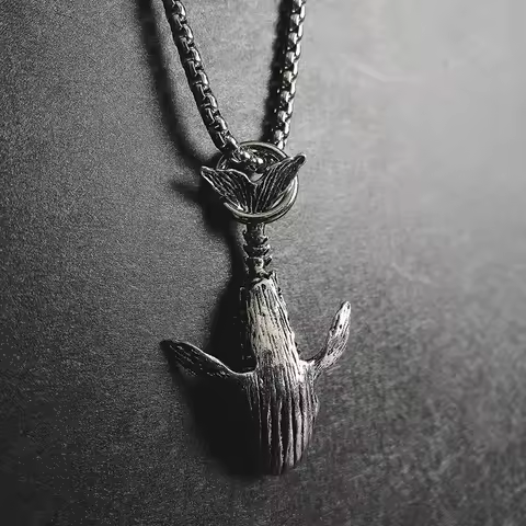 MKENDN Ocean Style Vintage Oxidized Black 52HZ Whale Pendant Necklace With Stainless Stell Link Chai