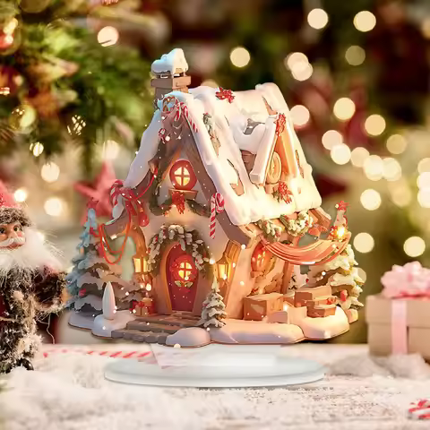 2D Christmas Lights Snow House Acrylic Ornament,2D Acrylic Exquisite Winter Snow House Model Desktop