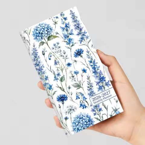 1PC A6 2026.7-2027.6 Monthly Planner Notebook, 12-Month Blue Floral Softcover, July 2026-June 2027, 