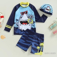 BABYGARDEN-3-8 years Baby Boys Swimsuit, Long Sleeve Cartoon Shark T-shirt with Coconut Tree Print Shorts and Swimming Hat