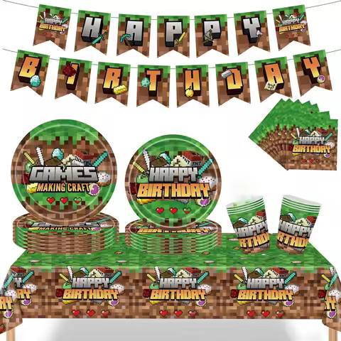 Minecraft Themed Party Tableware Set Pixel World Paper Plates Children's Birthday Party Decorations