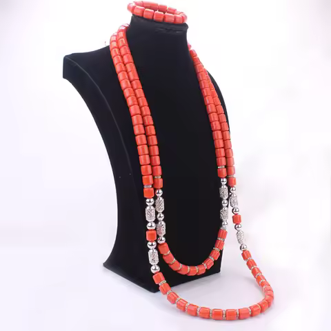 4ujewelry 44 Inches African Men Artificial Coral Beads Jewelry Set Two Layers Groom Bridal Jewelry S