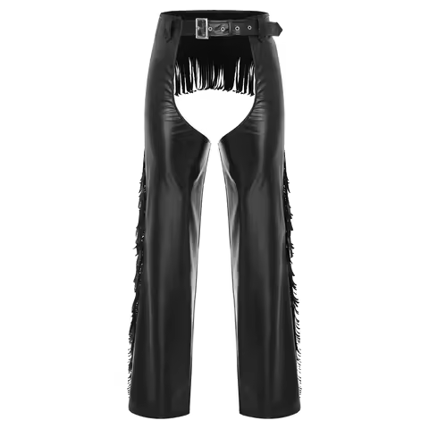 Men Western Show Chaps Pants Motorcycle Cowboy Faux Leather Fringed Chap Pants Cutout Tassels Trouse